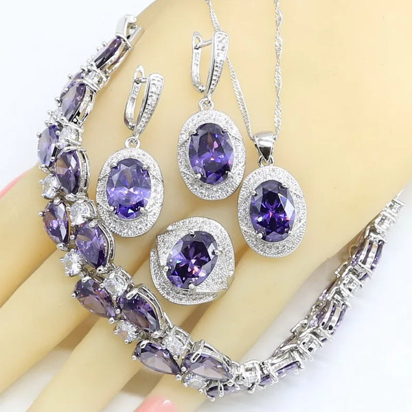 Purple Zirconia Bracelet Earrings Necklace Pendant Rings Gift Box