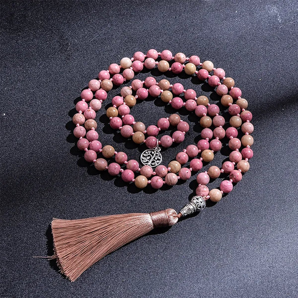 Collar de japamala anudado con cuentas de rodocrosita natural de 8 mm para meditación
