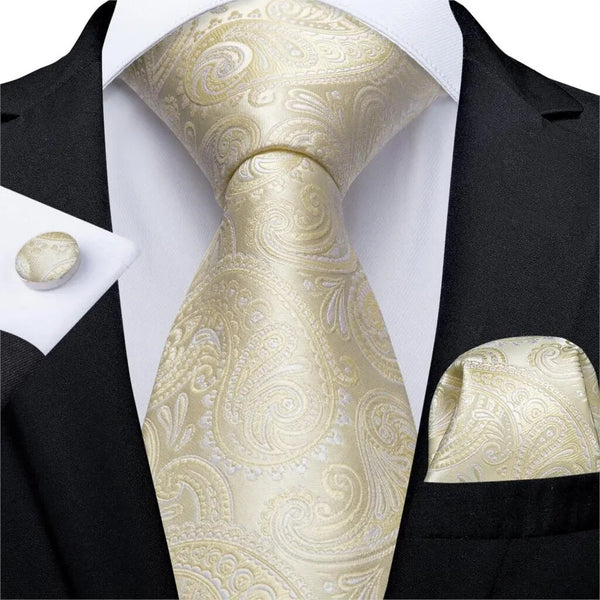 Corbata de boda con estampado de cachemira en amarillo y blanco para hombre, conjunto de pañuelo y gemelos de seda para hombre