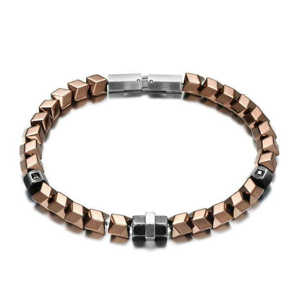 Pulsera de lujo desmontable con micropavé de acero inoxidable y piedra natural de hematita bañada en oro rosa