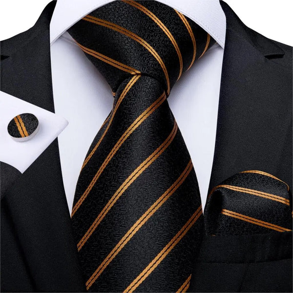 Corbata de boda de seda a rayas negras y doradas para hombre