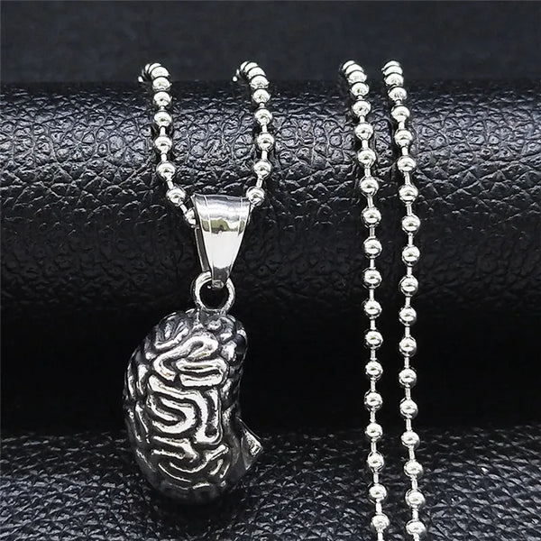 Collar largo de acero inoxidable con dije de cerebro gótico vintage para mujer y hombre.