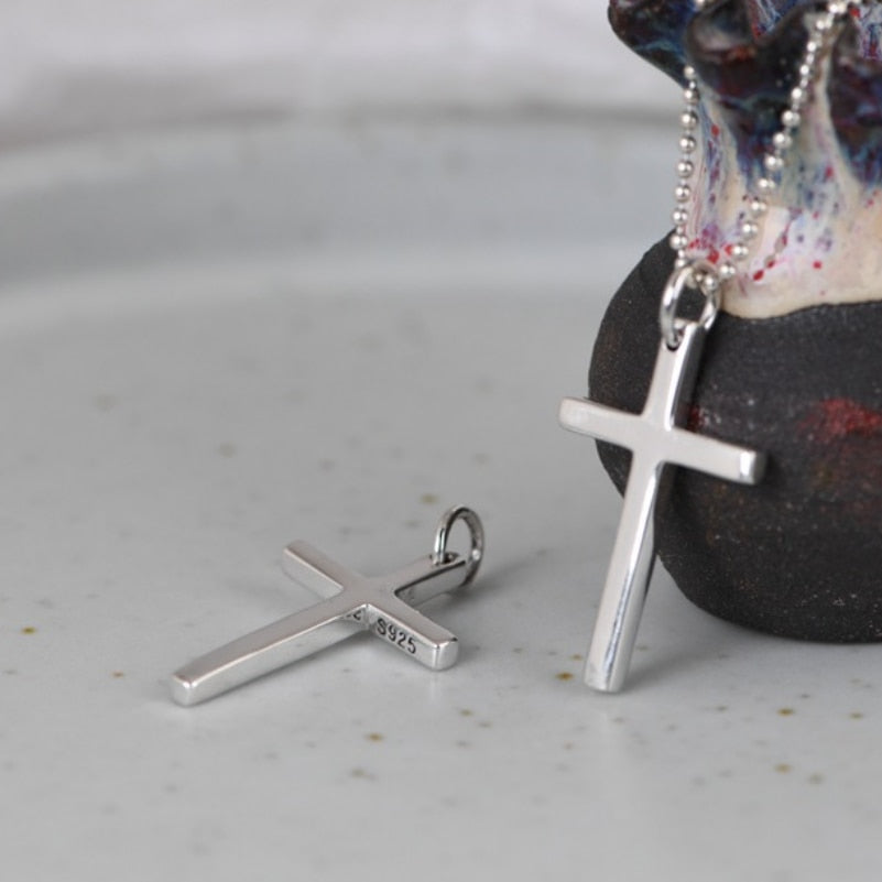 Real Sterling Silver Simple Cross Necklace Pendant for Wome Men