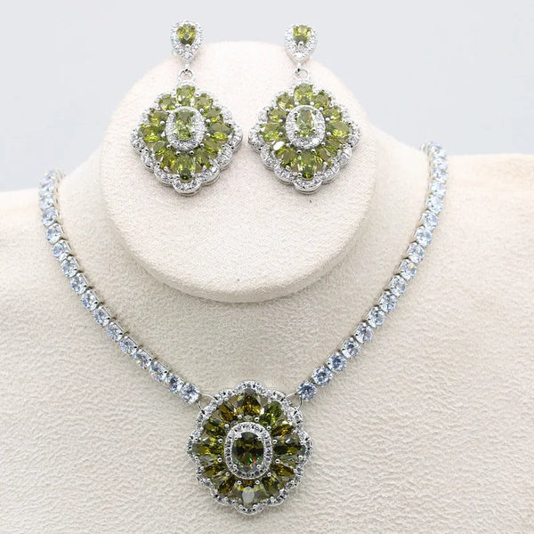 Olive Green Zirconia Necklace Earring Set for Women