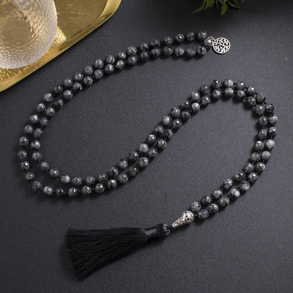 Collar Mala de meditación con cuentas de labradorita negra facetadas de 8 mm y nudos