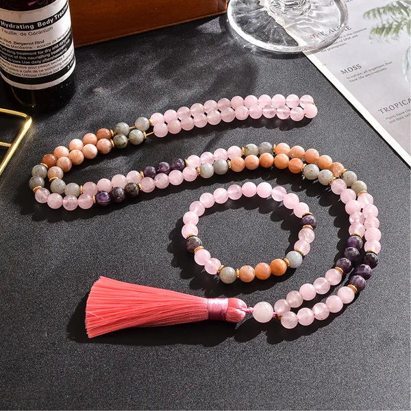 Collar de cuentas de amatista, piedra solar y cuarzo rosa de 8 mm para meditación y yoga.