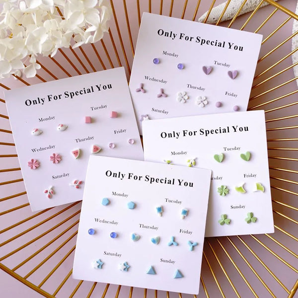 7pcs Popular Ins Candy Color Week Mini Ceramic Earring