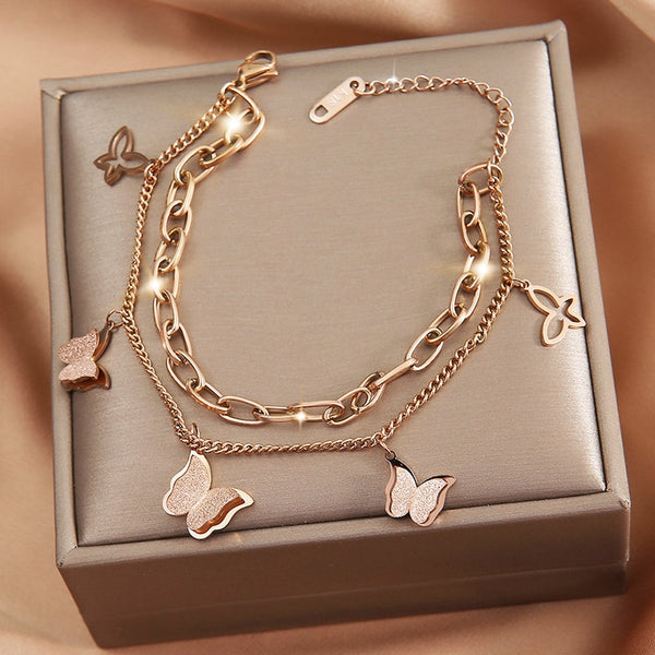 316L Stainless Steel 2 Layers Sweet Butterfly Pendant Rose Gold Color Woman Bracelet