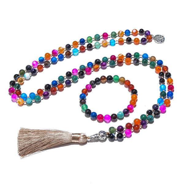 Conjunto de joyas con cuentas de ágata rayada de colores de 8 mm y collar de japamala anudado para meditación y yoga.