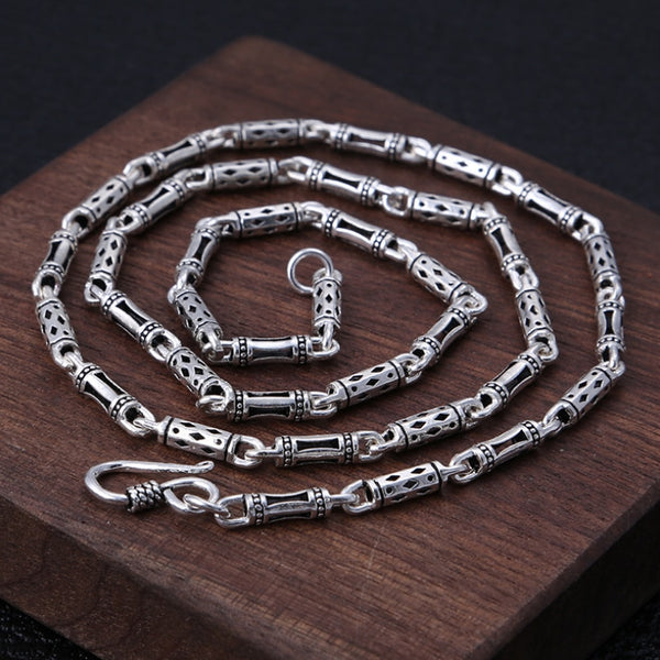 Cadena de eslabones con patrones geométricos de columna hexagonal vintage de plata pura