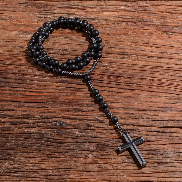 Collar con colgante de cruz de rosario cristiano católico con cuentas de ónix negro mate