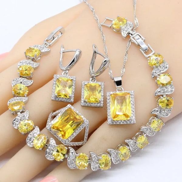 Geometric Yellow Cubic Zirconia Silver Color Jewelry Sets For Women