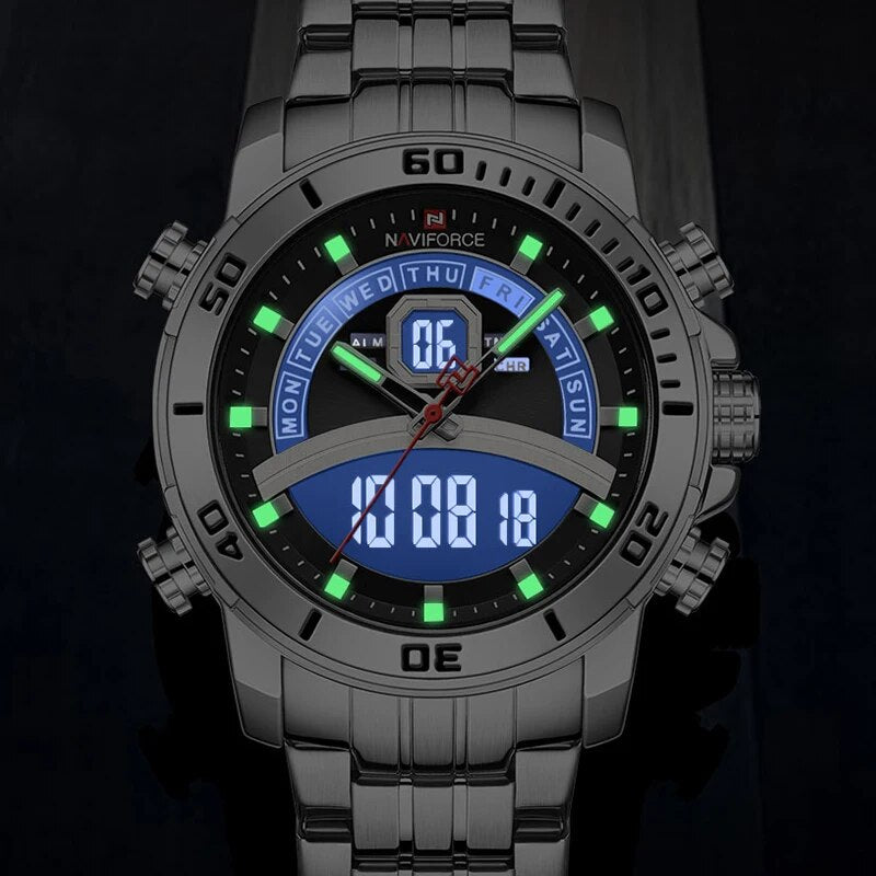 Casual Fashion Watches for Men Led Digital Week Display Calendar Stainless Steel Waterproof Watches