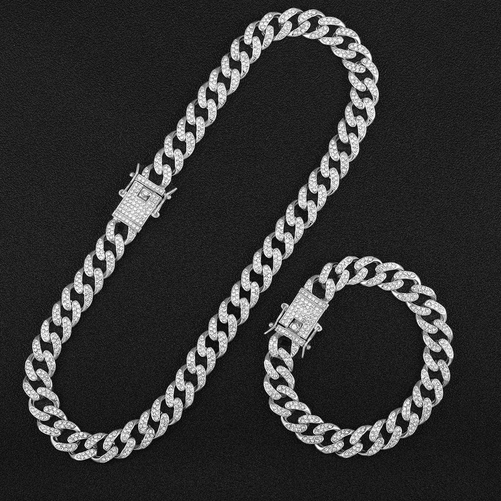 Hip Hop Men Chain Miami Cuban Chain Iced Out Necklace +Watch+Bracelet