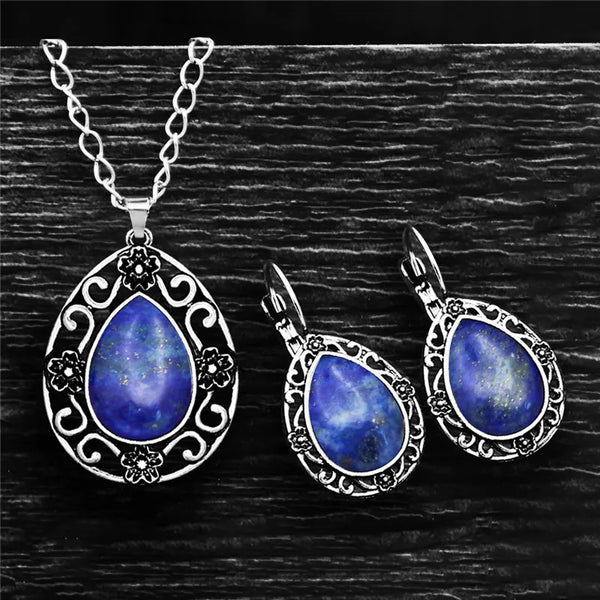 Conjunto de joyas de lapislázuli con gotas de agua, collar y pendientes con colgante de flor vintage
