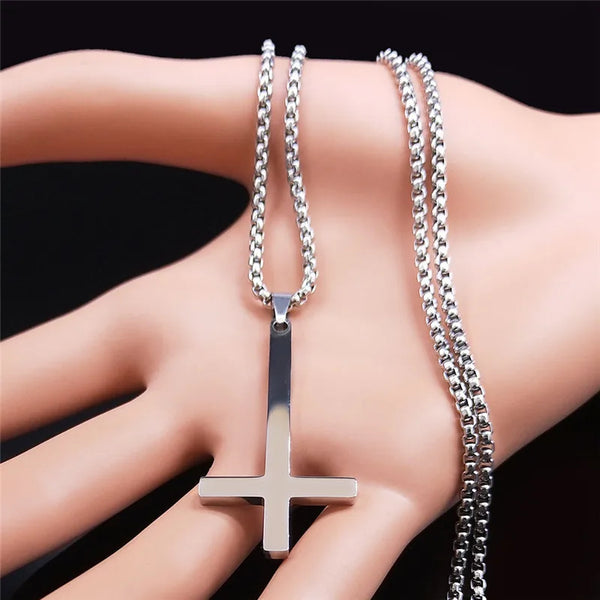 Collar de cruz invertida de acero inoxidable pagano de brujería para mujer y hombre