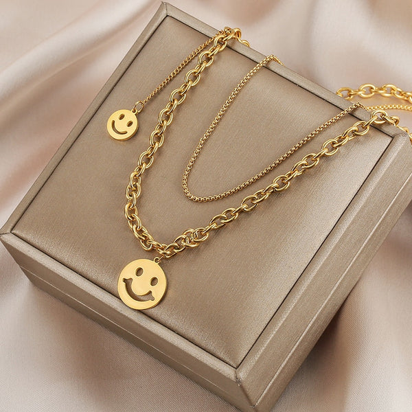 Stainless Steel Anti-fading Double Smile Necklace Female Cuban Chain Hip Hop Sweater Chain