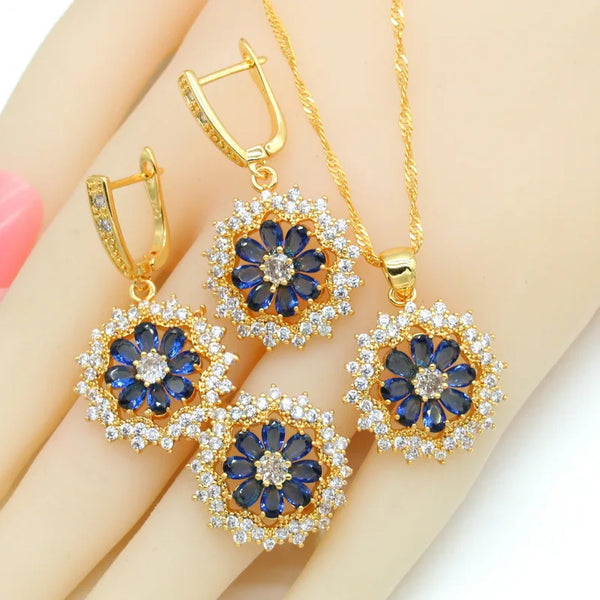 Flower Shape  Blue White Green Semi-precious Gold Color Jewelry Sets for Women