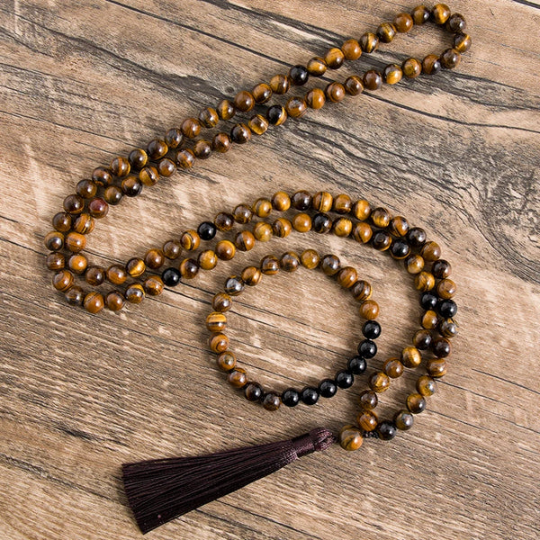 Collar de ónix negro con ojos de tigre amarillos naturales de 8 mm, joyería de meditación y yoga, pulsera de cuentas Japa Mala 108