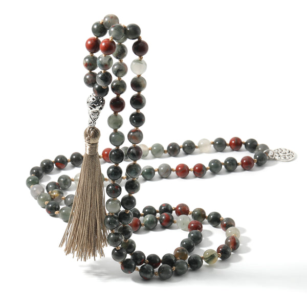 Collar anudado con mala de 108 cuentas de piedra de sangre natural, semiprecioso, para meditación