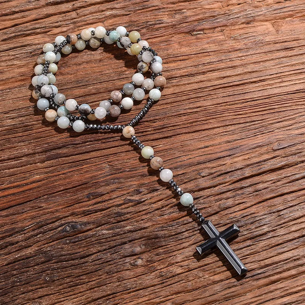 Collar de rosario católico con cuentas de amazonita natural de 8 mm y colgante de cruz de hematita.
