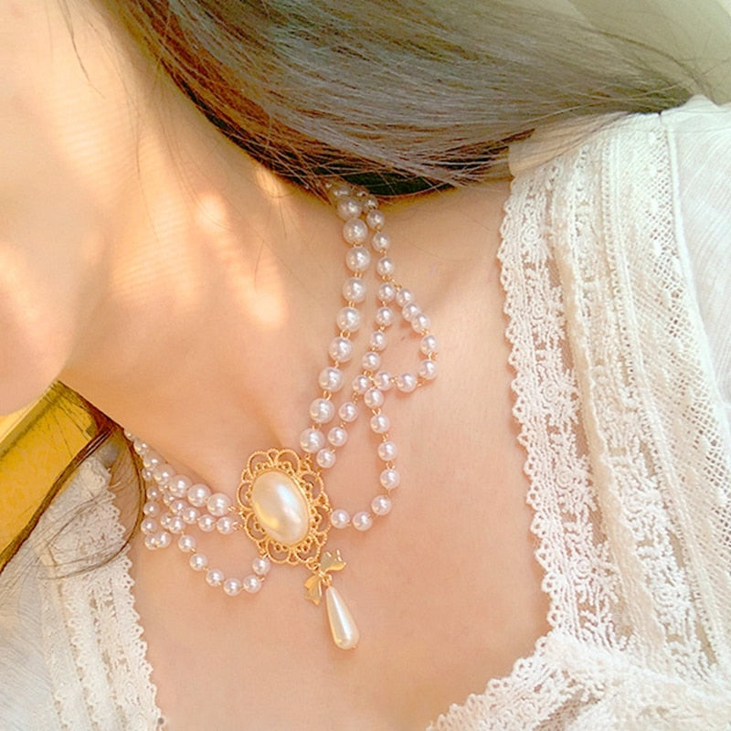 Vintage Style 2 Layers Pearl Choker Necklace For Women