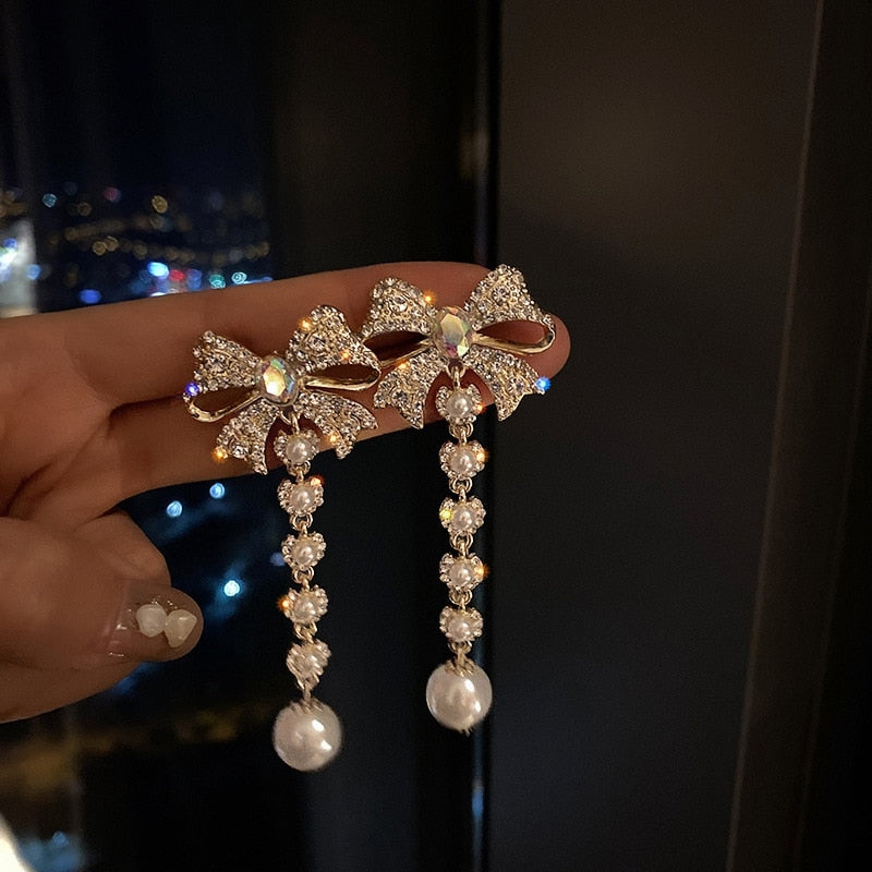 Korean Elegant Rhinestone Bowknot Drop Earrings For Women
