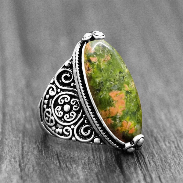 Irregular Eye Shape Unakite Rings Flower Band Natural Stone Antique Silver Plated Fashion Ring