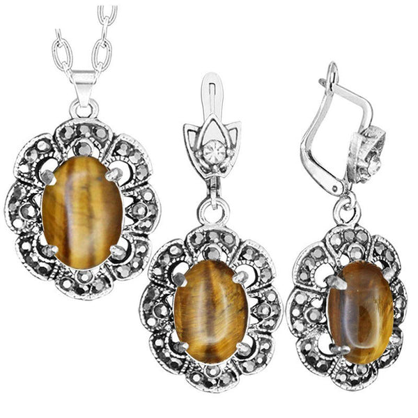Conjunto de collar y pendientes con colgante de flor de ciruelo y ojo de tigre natural