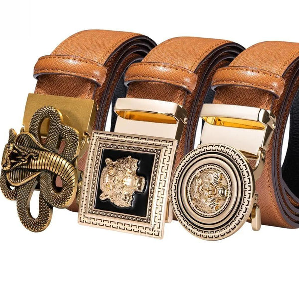 Cinturones de lujo de cuero de vaca naranja para hombre, con hebillas automáticas de trinquete, diseño de animales dorados, tigre y lobo