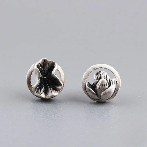 Pendientes de botón de loto asimétricos retro creativos de plata de ley 925