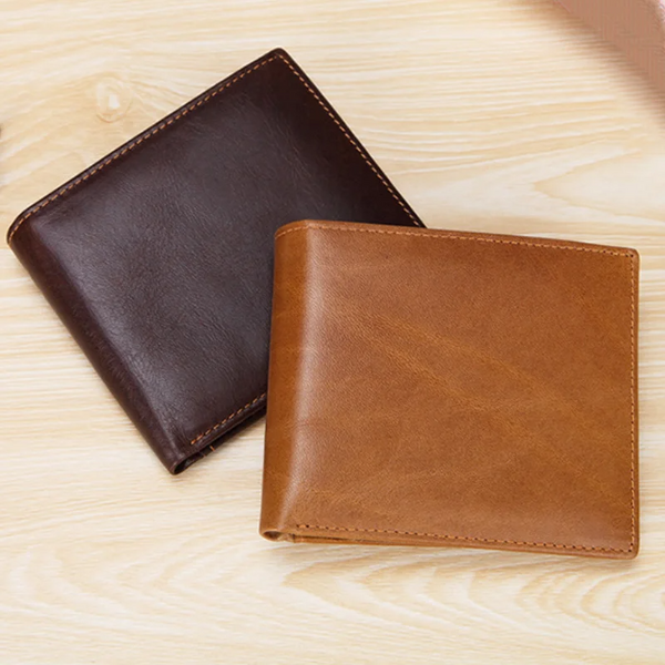 Cartera de cuero genuino para hombre, diseño vintage, tarjetero con bloqueo RFID