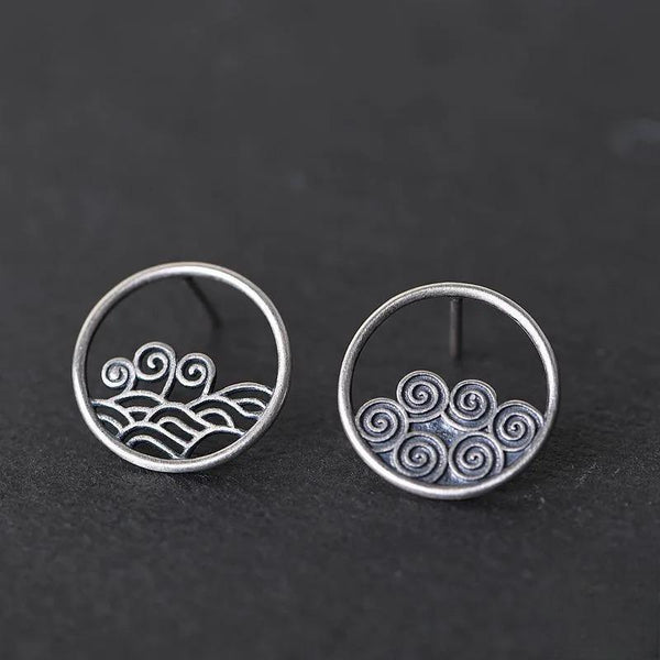 Pendientes de botón de plata de ley 925 con nubes auspiciosas retro creativas