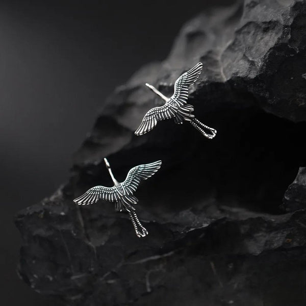 925 Sterling Silver Creative Retro Flying cranes Stud Earring Punk Street Style Ear Pin for Women Men