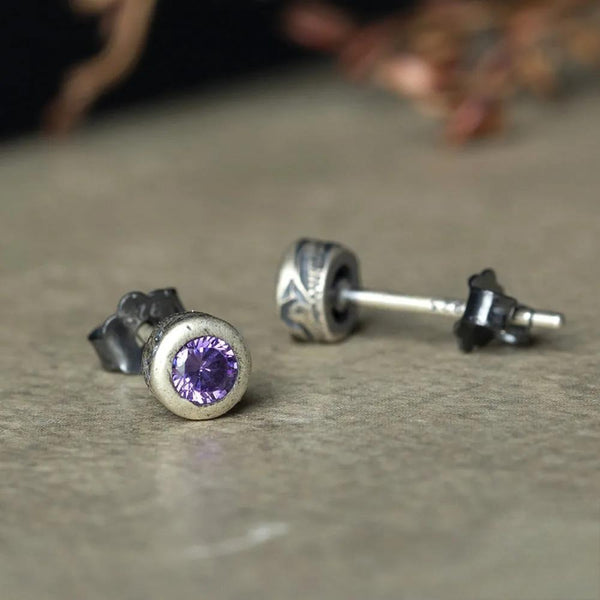 925 Sterling Silver Creative Retro Round Purple Zircon Stud Earring