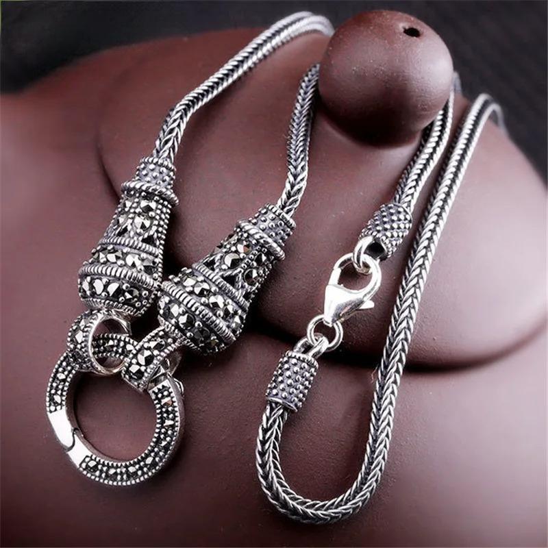 Thai Silver Long Chain Necklace for Women 925 Sterling Silver Marcasite Stone Pendant Necklaces