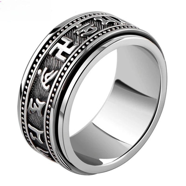 Anillo giratorio de plata de ley 925 auténtica con seis palabras y sello vintage para hombre.