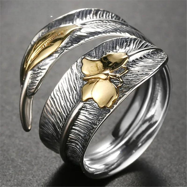 Anillo de plata de ley 925 para hombre y mujer, ajustable, con hojas y mariposas.