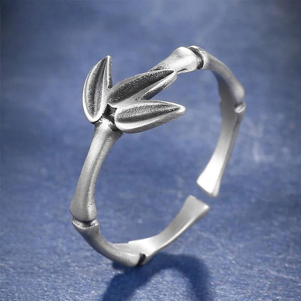 Anillos vintage de bambú de plata de ley 925 para mujer, anillos con diseño de personalidad ajustable.