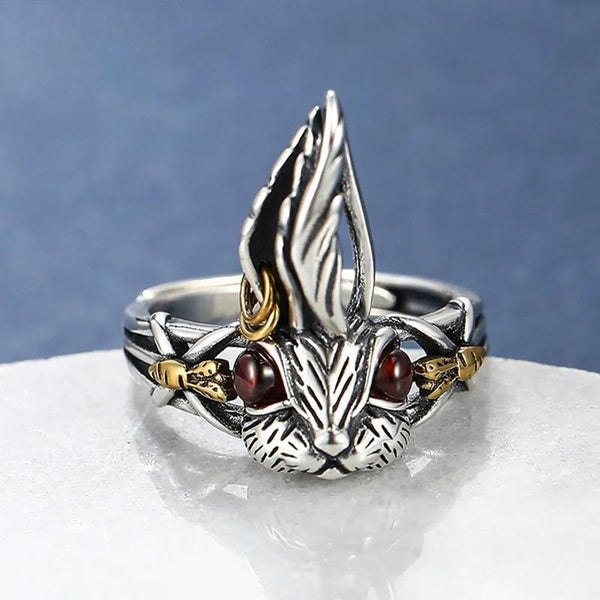 Anillo abierto de conejo blanco con orejas grandes en plata de ley S925 auténtica para mujer
