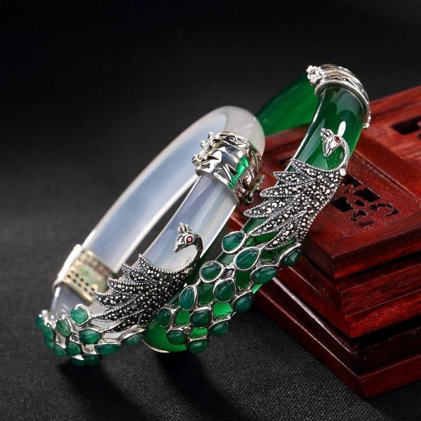 Pulsera de plata esterlina S925 para mujer, brazalete de plata tailandesa con piedra natural, pulsera vintage con diseño de pavo real.