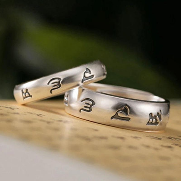 Anillos de ajuste de apertura con mantra de seis caracteres mate de plata pura 999