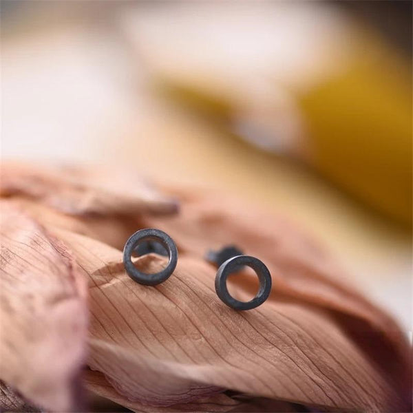 Vintage 925 Sterling Silver Men Hollow Round Stud Earrings Oxidized Black Woman