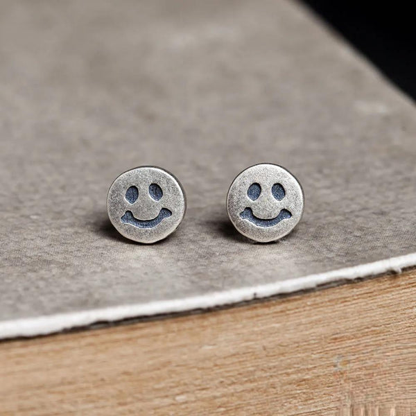 Punk Creative Retro Smile Earring Real 925 Sterling Silver Men Women Couple Stud Earrings