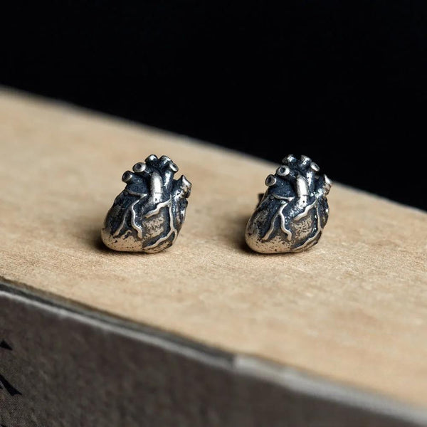 New Punk Retro Real 925 Sterling Silver Earrings Anatomical Human Heart Stud Earrings