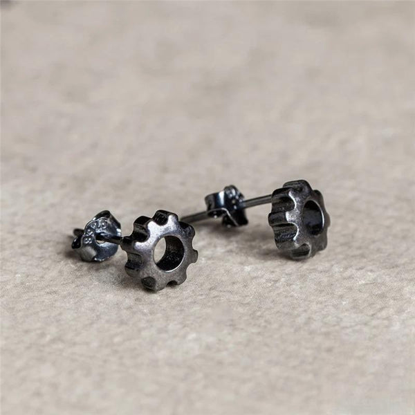 Retro 100% 925 Sterling Silver Steampunk Gear Stud Earrings Street Hip-hop For Men Women