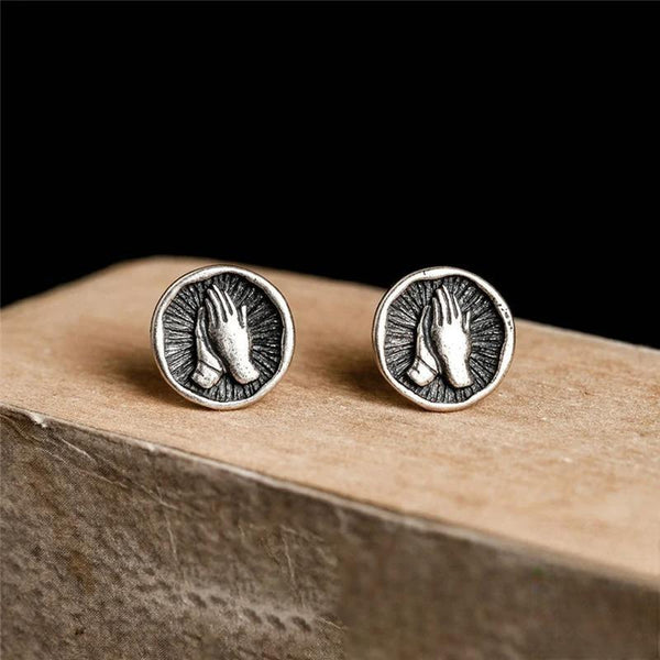 Pendientes de botón con diseño retro creativo de manos devotas de plata de ley 925 auténtica para hombres y mujeres