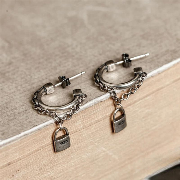 Pendientes de botón con cadena y borlas retro creativos de plata de ley 925 para hombre y mujer