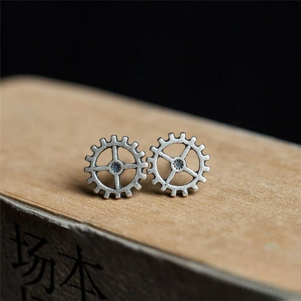 Pendientes de botón de plata de ley 925 con diseño de engranajes punk, vapor y rock para hombre y mujer