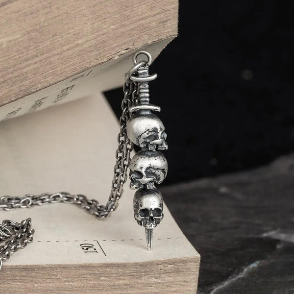 Collar con colgante de calavera con espada perforante estilo gótico, 100 % plata de ley 925, estilo retro creativo, para hombre